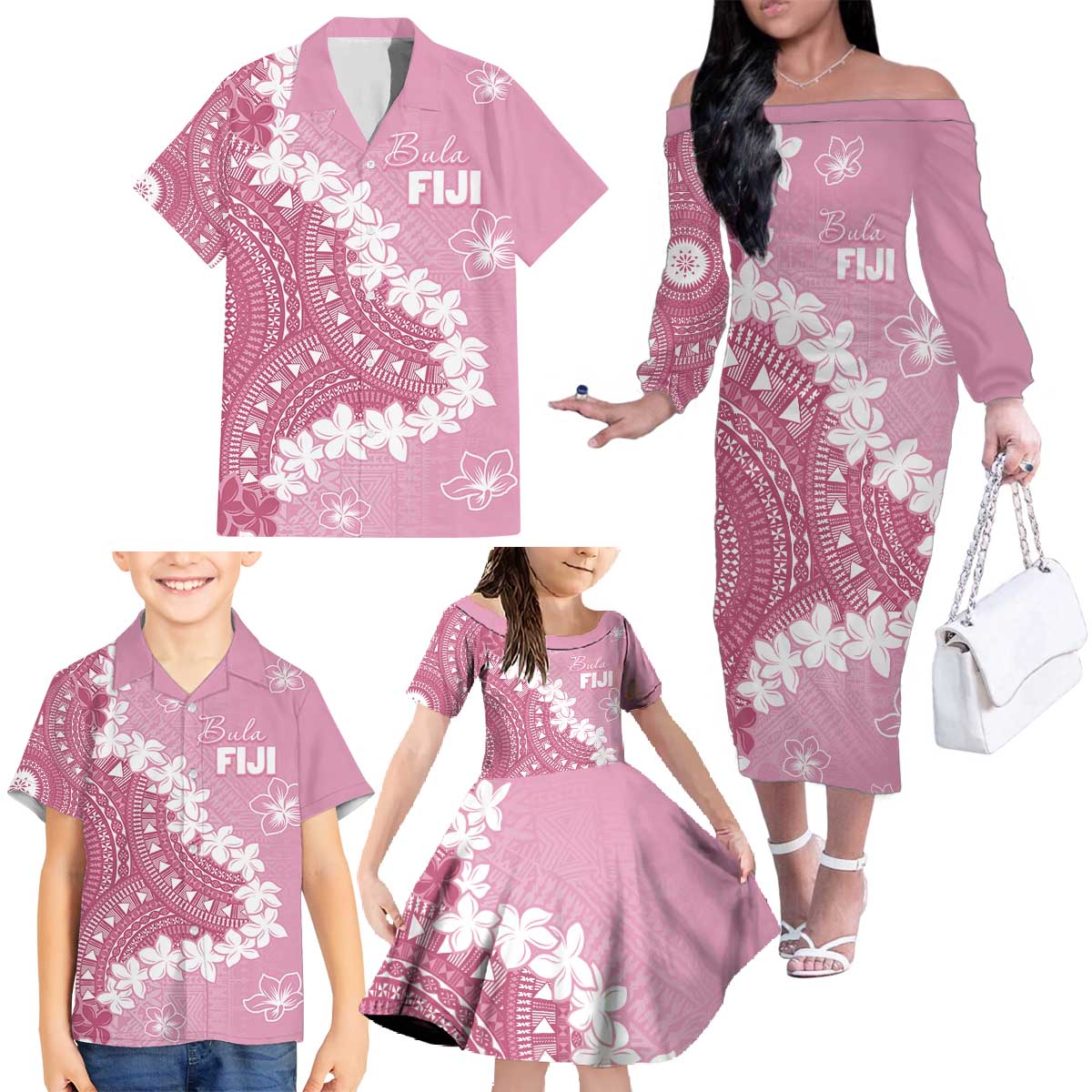 Bula Fiji Women's Day Family Matching Off The Shoulder Long Sleeve Dress and Hawaiian Shirt Pink Masi Tapa LT7 - Polynesian Pride
