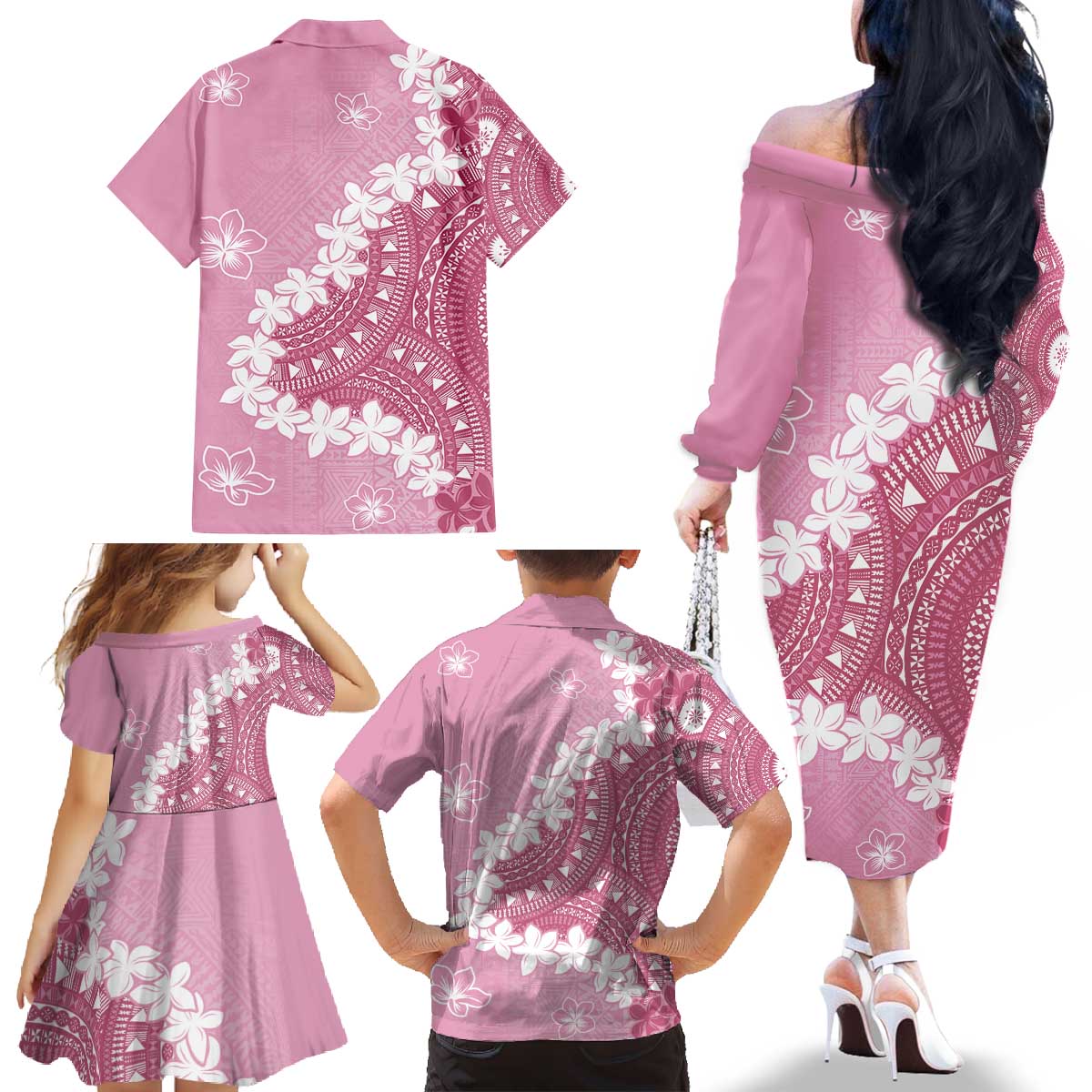 Bula Fiji Women's Day Family Matching Off The Shoulder Long Sleeve Dress and Hawaiian Shirt Pink Masi Tapa LT7 - Polynesian Pride