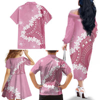 Bula Fiji Women's Day Family Matching Off The Shoulder Long Sleeve Dress and Hawaiian Shirt Pink Masi Tapa LT7 - Polynesian Pride
