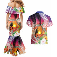 Polynesian Dreamy Turtle Couples Matching Mermaid Dress and Hawaiian Shirt Sunset Scenery