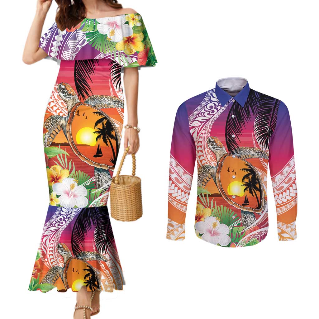 Polynesian Dreamy Turtle Couples Matching Mermaid Dress and Long Sleeve Button Shirt Sunset Scenery LT7 Art - Polynesian Pride