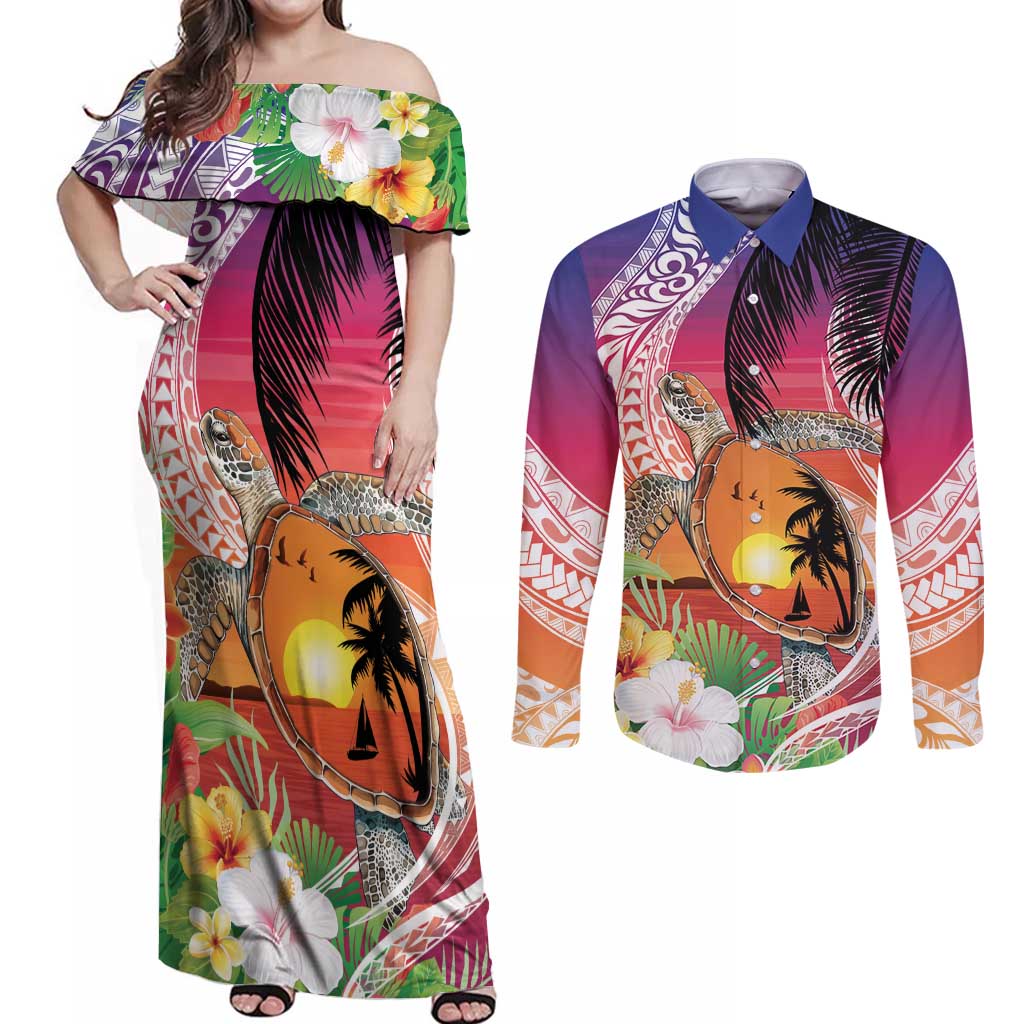 Polynesian Dreamy Turtle Couples Matching Off Shoulder Maxi Dress and Long Sleeve Button Shirt Sunset Scenery LT7 Art - Polynesian Pride