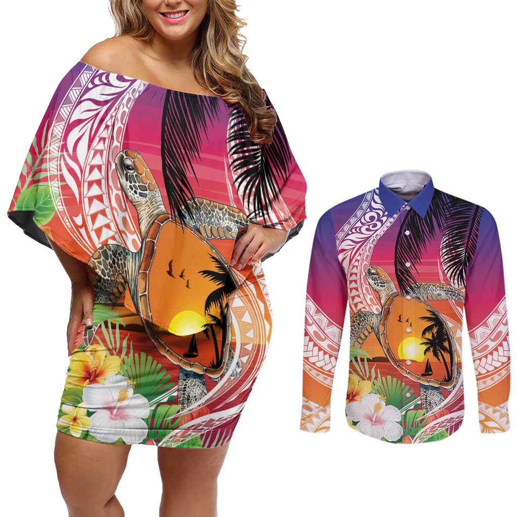 Polynesian Dreamy Turtle Couples Matching Off Shoulder Short Dress and Long Sleeve Button Shirt Sunset Scenery LT7 Art - Polynesian Pride