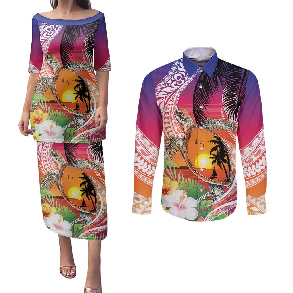 Polynesian Dreamy Turtle Couples Matching Puletasi and Long Sleeve Button Shirt Sunset Scenery LT7 Art - Polynesian Pride