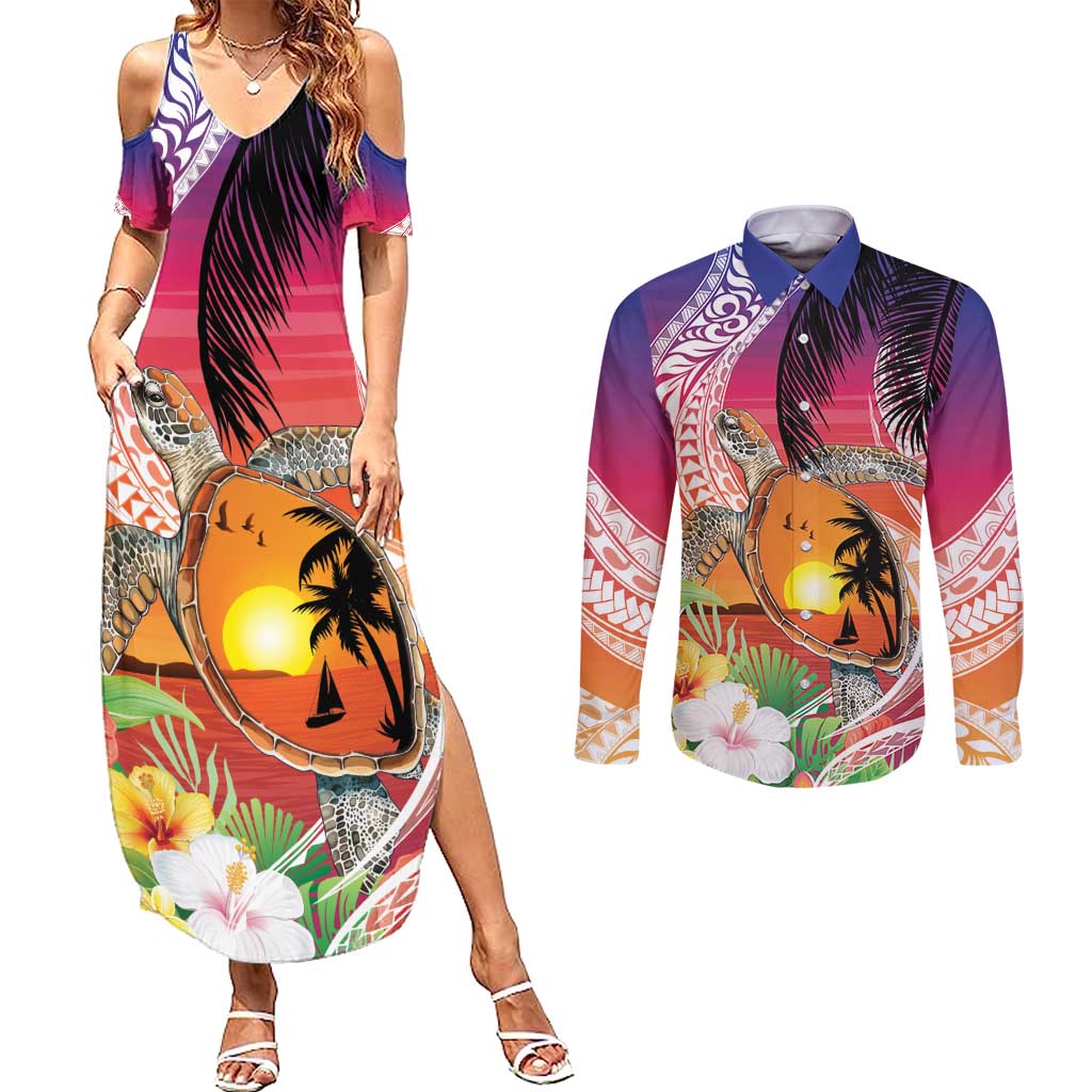 Polynesian Dreamy Turtle Couples Matching Summer Maxi Dress and Long Sleeve Button Shirt Sunset Scenery LT7 Art - Polynesian Pride