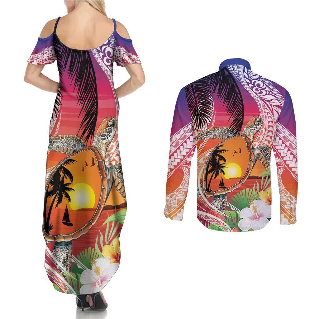 Polynesian Dreamy Turtle Couples Matching Summer Maxi Dress and Long Sleeve Button Shirt Sunset Scenery