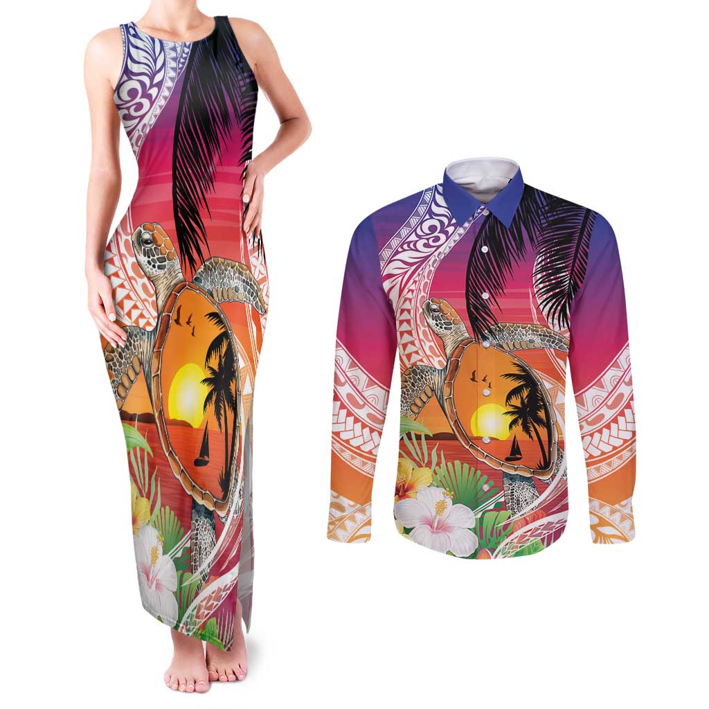 Polynesian Dreamy Turtle Couples Matching Tank Maxi Dress and Long Sleeve Button Shirt Sunset Scenery LT7 Art - Polynesian Pride