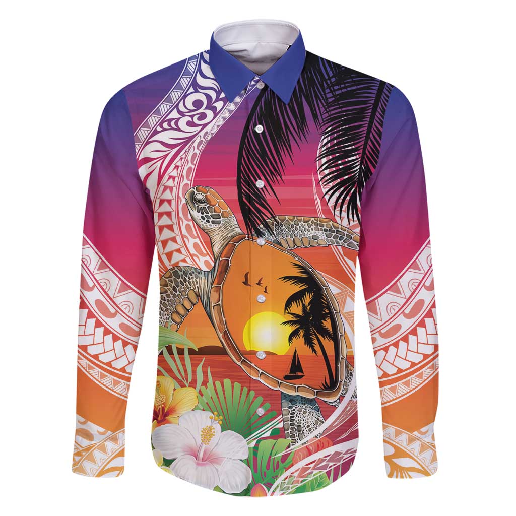 Polynesian Dreamy Turtle Family Matching Long Sleeve Bodycon Dress and Hawaiian Shirt Sunset Scenery LT7 Dad's Shirt - Long Sleeve Art - Polynesian Pride