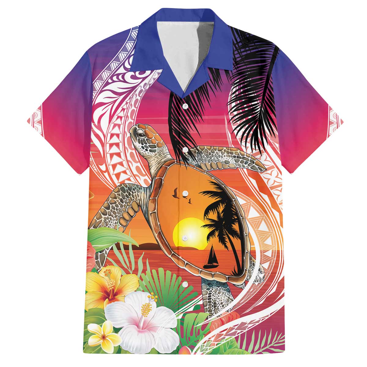 Polynesian Dreamy Turtle Family Matching Off The Shoulder Long Sleeve Dress and Hawaiian Shirt Sunset Scenery LT7 Dad's Shirt - Short Sleeve Art - Polynesian Pride