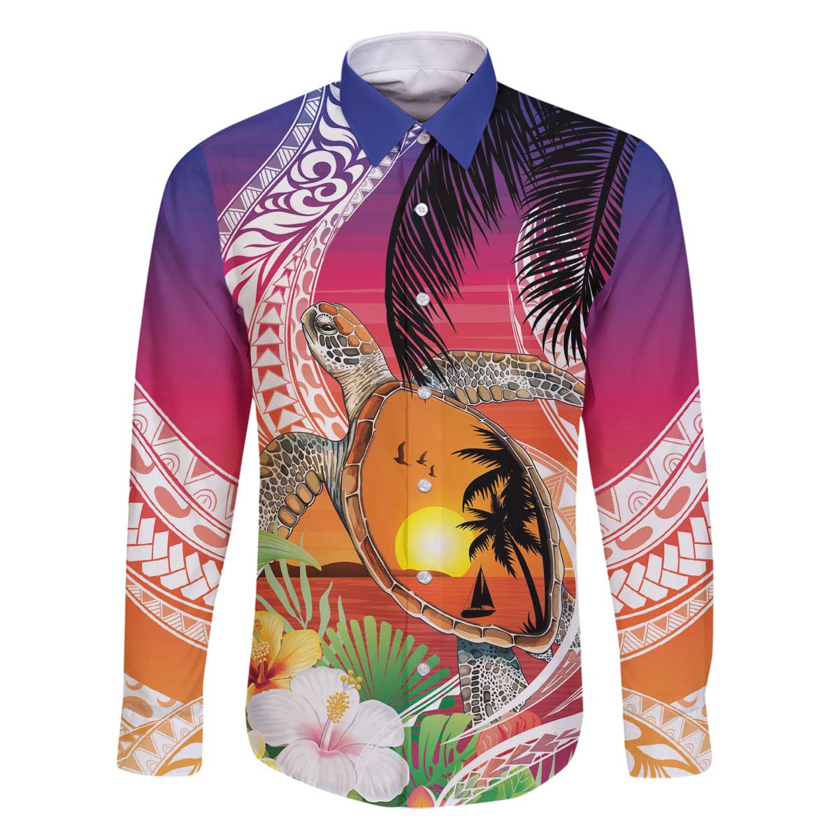 Polynesian Dreamy Turtle Family Matching Off The Shoulder Long Sleeve Dress and Hawaiian Shirt Sunset Scenery LT7 Dad's Shirt - Long Sleeve Art - Polynesian Pride