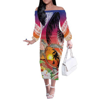 Polynesian Dreamy Turtle Family Matching Off The Shoulder Long Sleeve Dress and Hawaiian Shirt Sunset Scenery LT7 Mom's Dress Art - Polynesian Pride