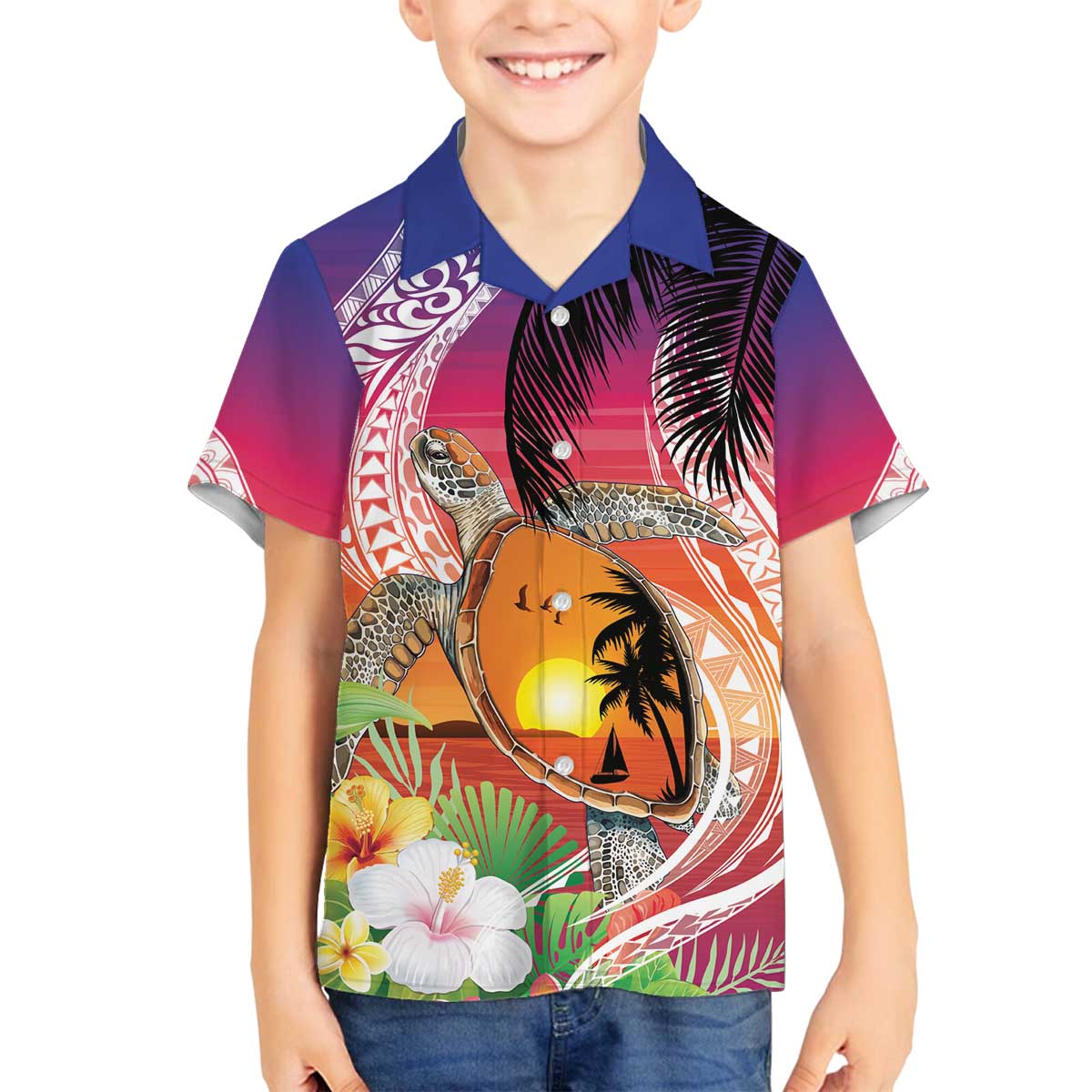 Polynesian Dreamy Turtle Family Matching Off The Shoulder Long Sleeve Dress and Hawaiian Shirt Sunset Scenery LT7 Son's Shirt Art - Polynesian Pride