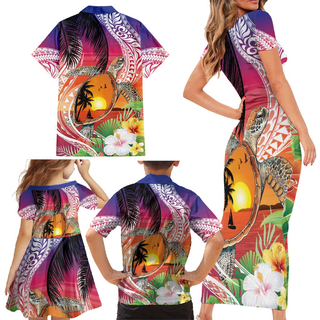 Polynesian Dreamy Turtle Family Matching Short Sleeve Bodycon Dress and Hawaiian Shirt Sunset Scenery LT7 - Polynesian Pride