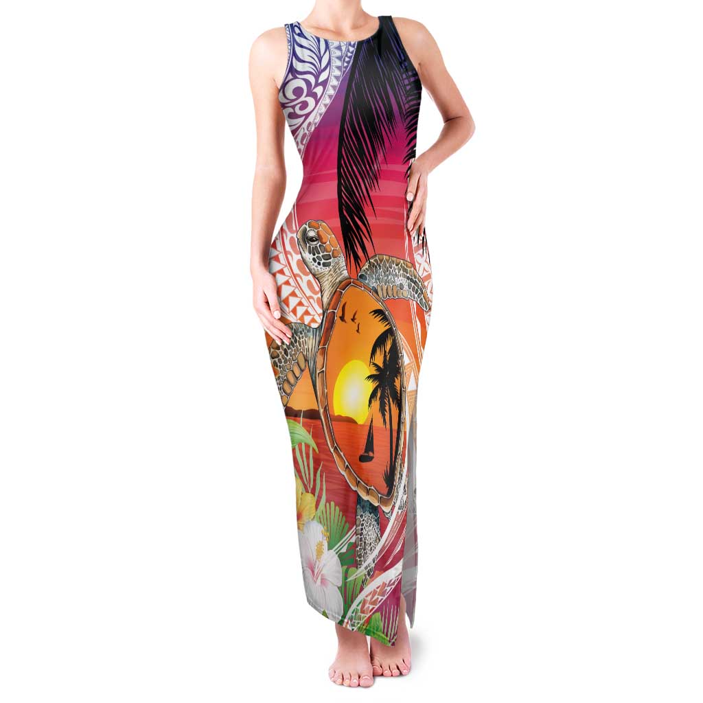 Polynesian Dreamy Turtle Family Matching Tank Maxi Dress and Hawaiian Shirt Sunset Scenery