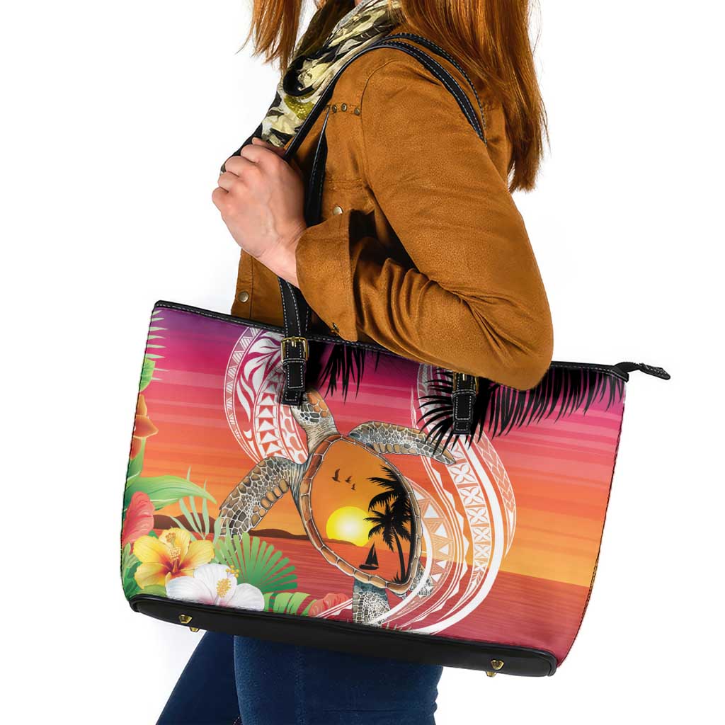 Polynesian Dreamy Turtle Leather Tote Bag Sunset Scenery LT7 Art - Polynesian Pride