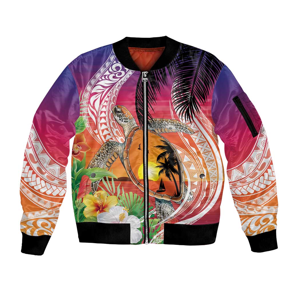 Polynesian Dreamy Turtle Sleeve Zip Bomber Jacket Sunset Scenery LT7 Unisex Art - Polynesian Pride