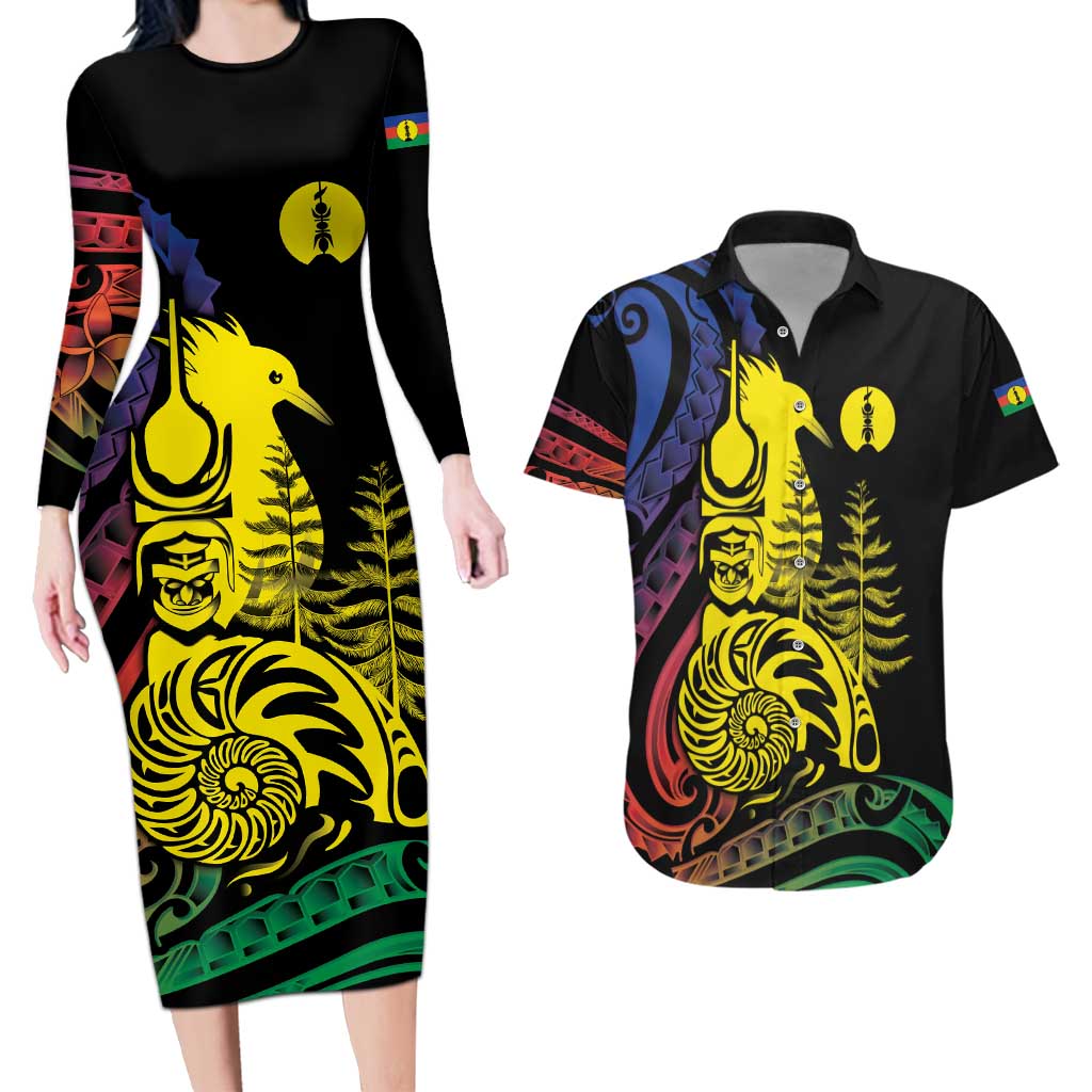 New Caledonia Kanaky Couples Matching Long Sleeve Bodycon Dress and Hawaiian Shirt Stylized Fleche Faitiere With Kagu Bird LT7 Black - Polynesian Pride