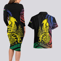 New Caledonia Kanaky Couples Matching Long Sleeve Bodycon Dress and Hawaiian Shirt Stylized Fleche Faitiere With Kagu Bird LT7 - Polynesian Pride