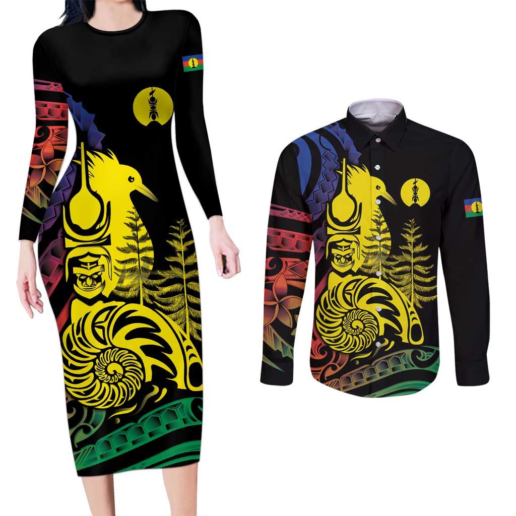 New Caledonia Kanaky Couples Matching Long Sleeve Bodycon Dress and Long Sleeve Button Shirt Stylized Fleche Faitiere With Kagu Bird LT7 Black - Polynesian Pride