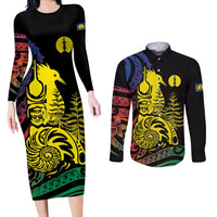 New Caledonia Kanaky Couples Matching Long Sleeve Bodycon Dress and Long Sleeve Button Shirt Stylized Fleche Faitiere With Kagu Bird LT7 Black - Polynesian Pride