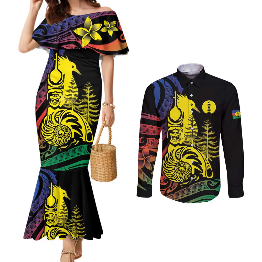 New Caledonia Kanaky Couples Matching Mermaid Dress and Long Sleeve Button Shirt Stylized Fleche Faitiere With Kagu Bird LT7 Black - Polynesian Pride