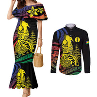 New Caledonia Kanaky Couples Matching Mermaid Dress and Long Sleeve Button Shirt Stylized Fleche Faitiere With Kagu Bird LT7 Black - Polynesian Pride