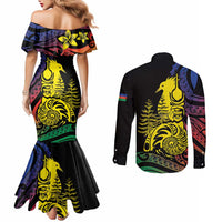 New Caledonia Kanaky Couples Matching Mermaid Dress and Long Sleeve Button Shirt Stylized Fleche Faitiere With Kagu Bird LT7 - Polynesian Pride