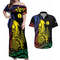 New Caledonia Kanaky Couples Matching Off Shoulder Maxi Dress and Hawaiian Shirt Stylized Fleche Faitiere With Kagu Bird LT7 Black - Polynesian Pride