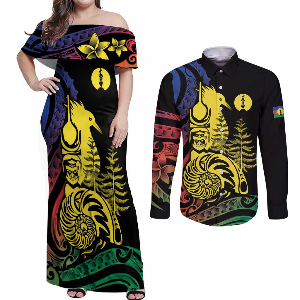 New Caledonia Kanaky Couples Matching Off Shoulder Maxi Dress and Long Sleeve Button Shirt Stylized Fleche Faitiere With Kagu Bird LT7 Black - Polynesian Pride