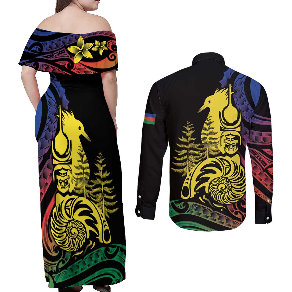 New Caledonia Kanaky Couples Matching Off Shoulder Maxi Dress and Long Sleeve Button Shirt Stylized Fleche Faitiere With Kagu Bird LT7 - Polynesian Pride