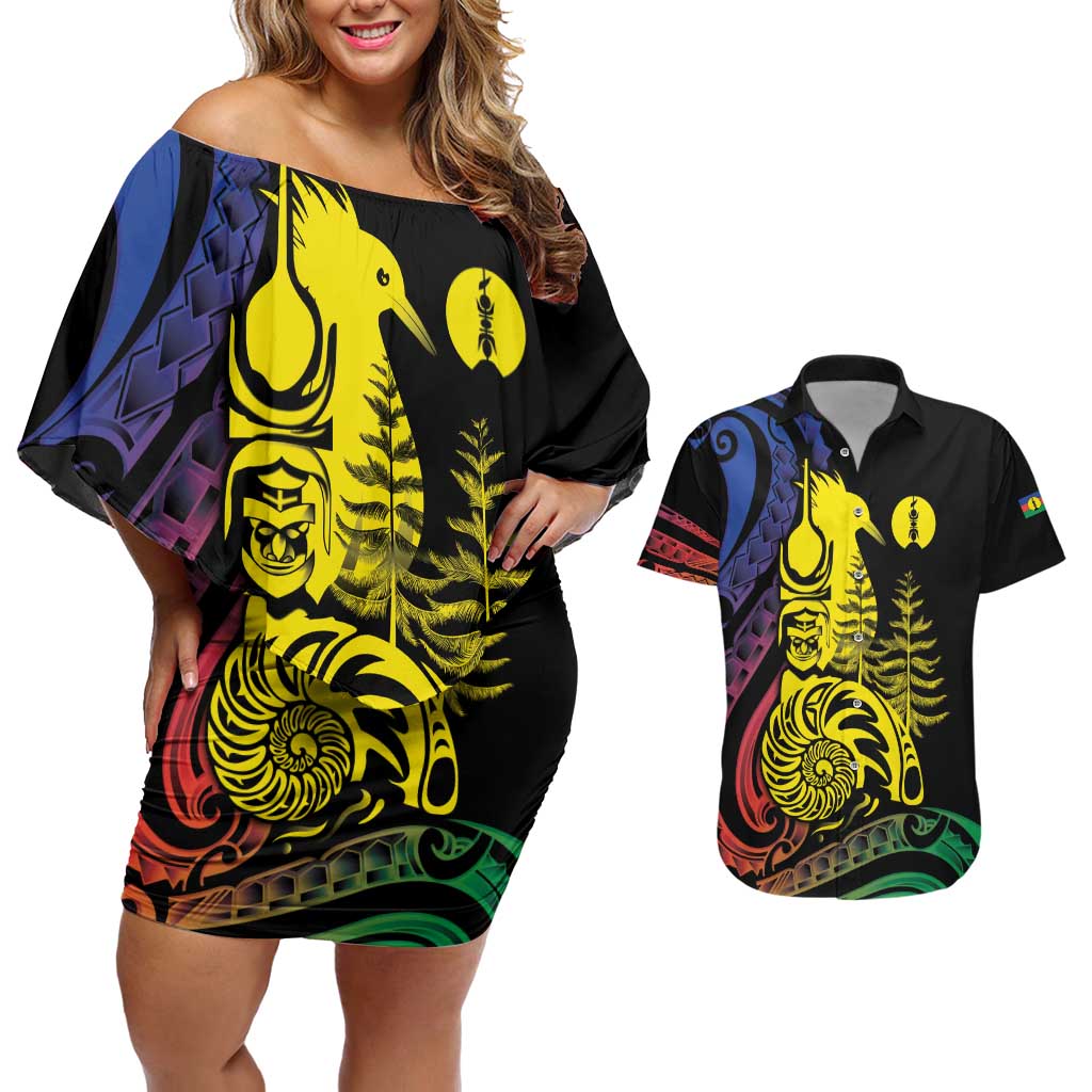 New Caledonia Kanaky Couples Matching Off Shoulder Short Dress and Hawaiian Shirt Stylized Fleche Faitiere With Kagu Bird