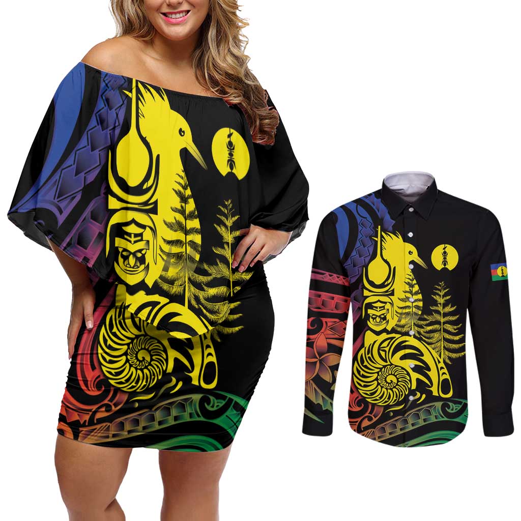New Caledonia Kanaky Couples Matching Off Shoulder Short Dress and Long Sleeve Button Shirt Stylized Fleche Faitiere With Kagu Bird LT7 Black - Polynesian Pride