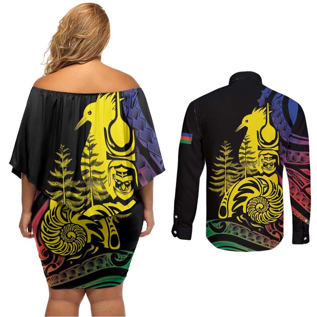 New Caledonia Kanaky Couples Matching Off Shoulder Short Dress and Long Sleeve Button Shirt Stylized Fleche Faitiere With Kagu Bird LT7 - Polynesian Pride