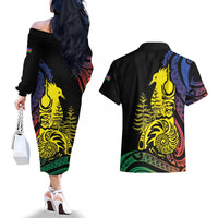 New Caledonia Kanaky Couples Matching Off The Shoulder Long Sleeve Dress and Hawaiian Shirt Stylized Fleche Faitiere With Kagu Bird LT7 - Polynesian Pride