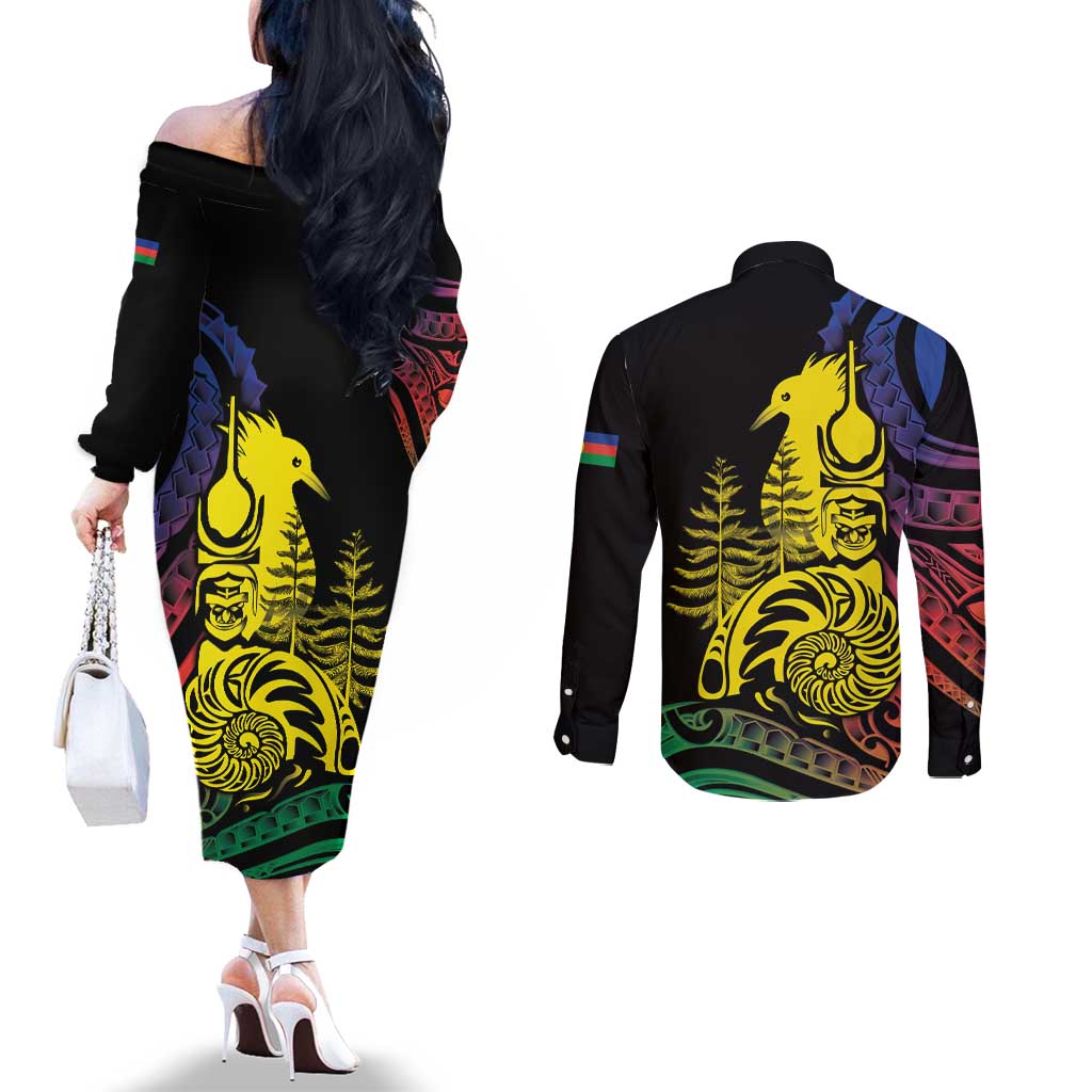 New Caledonia Kanaky Couples Matching Off The Shoulder Long Sleeve Dress and Long Sleeve Button Shirt Stylized Fleche Faitiere With Kagu Bird LT7 - Polynesian Pride