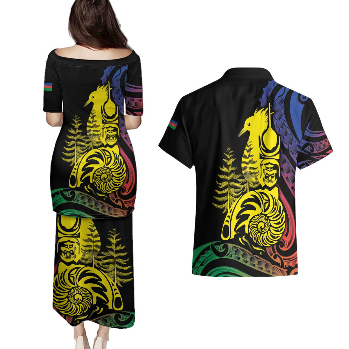 New Caledonia Kanaky Couples Matching Puletasi and Hawaiian Shirt Stylized Fleche Faitiere With Kagu Bird LT7 - Polynesian Pride