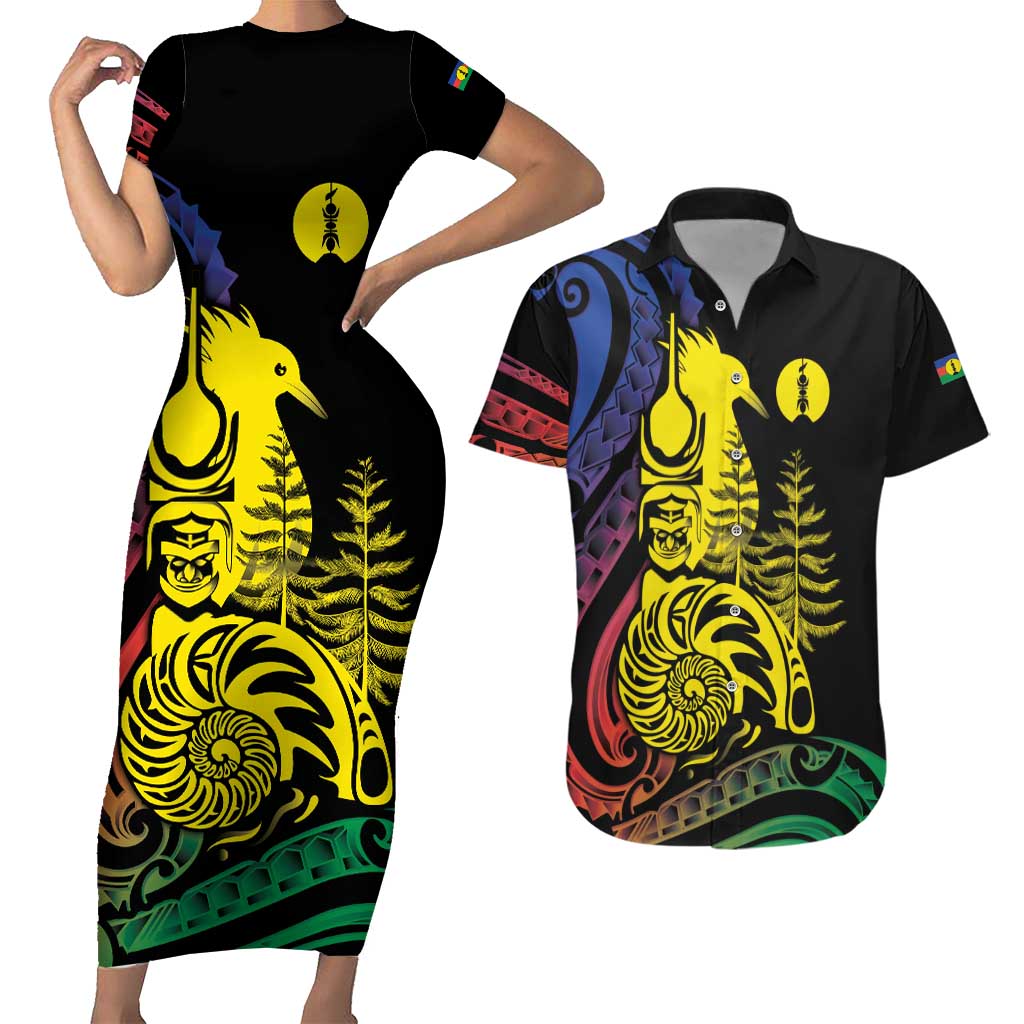 New Caledonia Kanaky Couples Matching Short Sleeve Bodycon Dress and Hawaiian Shirt Stylized Fleche Faitiere With Kagu Bird LT7 Black - Polynesian Pride