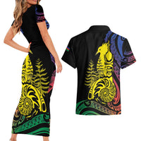 New Caledonia Kanaky Couples Matching Short Sleeve Bodycon Dress and Hawaiian Shirt Stylized Fleche Faitiere With Kagu Bird LT7 - Polynesian Pride