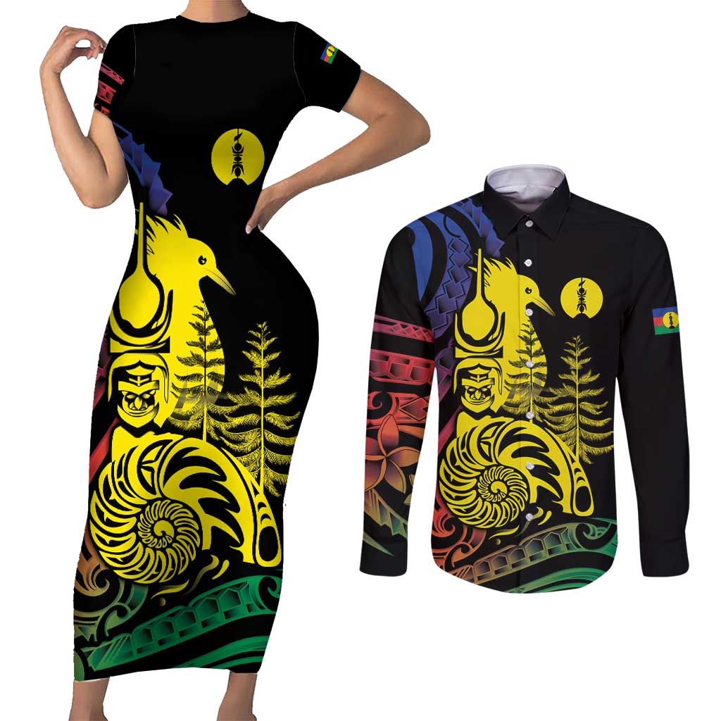 New Caledonia Kanaky Couples Matching Short Sleeve Bodycon Dress and Long Sleeve Button Shirt Stylized Fleche Faitiere With Kagu Bird LT7 Black - Polynesian Pride