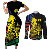 New Caledonia Kanaky Couples Matching Short Sleeve Bodycon Dress and Long Sleeve Button Shirt Stylized Fleche Faitiere With Kagu Bird LT7 Black - Polynesian Pride