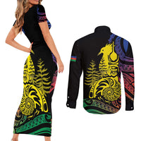 New Caledonia Kanaky Couples Matching Short Sleeve Bodycon Dress and Long Sleeve Button Shirt Stylized Fleche Faitiere With Kagu Bird LT7 - Polynesian Pride
