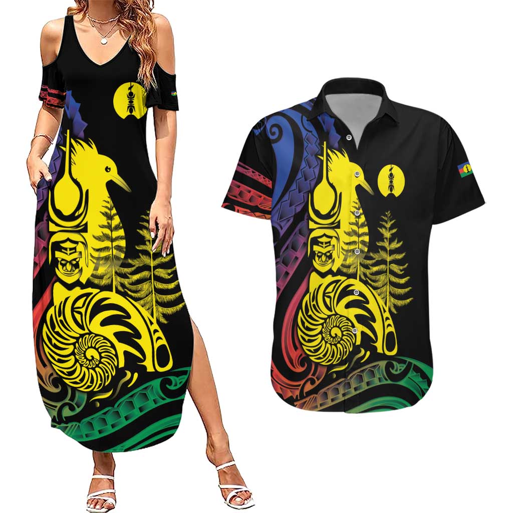 New Caledonia Kanaky Couples Matching Summer Maxi Dress and Hawaiian Shirt Stylized Fleche Faitiere With Kagu Bird LT7 Black - Polynesian Pride