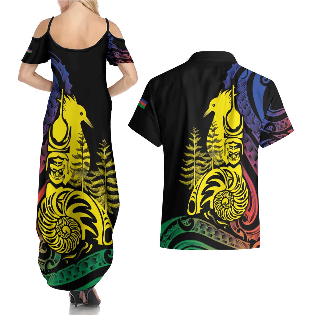 New Caledonia Kanaky Couples Matching Summer Maxi Dress and Hawaiian Shirt Stylized Fleche Faitiere With Kagu Bird LT7 - Polynesian Pride