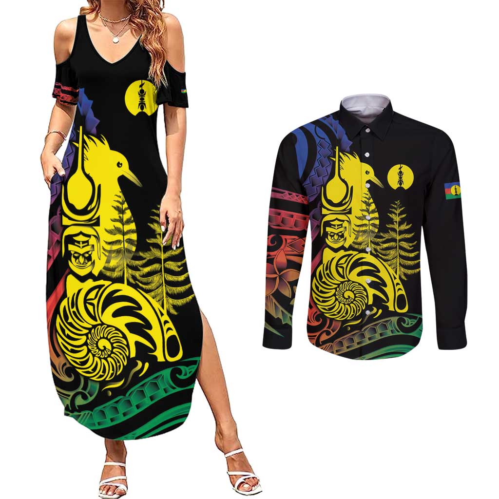 New Caledonia Kanaky Couples Matching Summer Maxi Dress and Long Sleeve Button Shirt Stylized Fleche Faitiere With Kagu Bird LT7 Black - Polynesian Pride