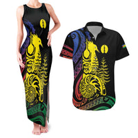 New Caledonia Kanaky Couples Matching Tank Maxi Dress and Hawaiian Shirt Stylized Fleche Faitiere With Kagu Bird LT7 Black - Polynesian Pride
