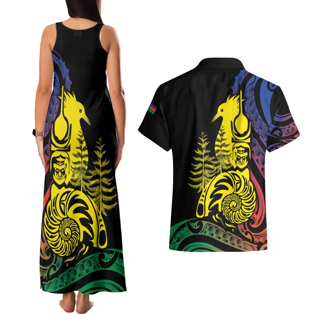 New Caledonia Kanaky Couples Matching Tank Maxi Dress and Hawaiian Shirt Stylized Fleche Faitiere With Kagu Bird LT7 - Polynesian Pride