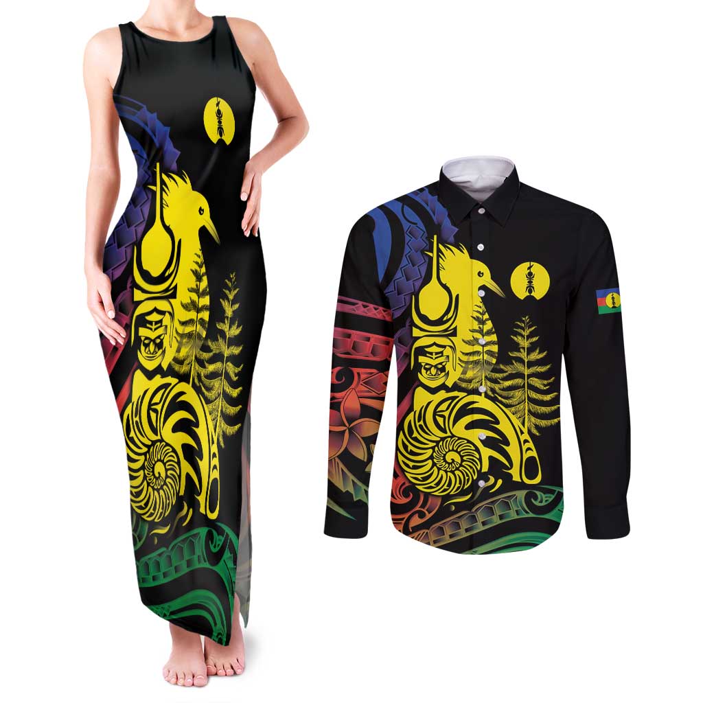 New Caledonia Kanaky Couples Matching Tank Maxi Dress and Long Sleeve Button Shirt Stylized Fleche Faitiere With Kagu Bird LT7 Black - Polynesian Pride