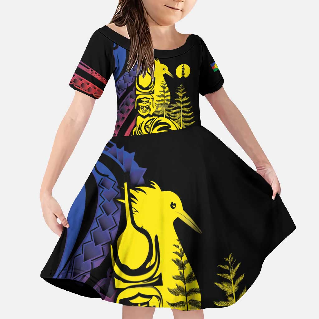 New Caledonia Kanaky Family Matching Long Sleeve Bodycon Dress and Hawaiian Shirt Stylized Fleche Faitiere With Kagu Bird LT7 Daughter's Dress Black - Polynesian Pride