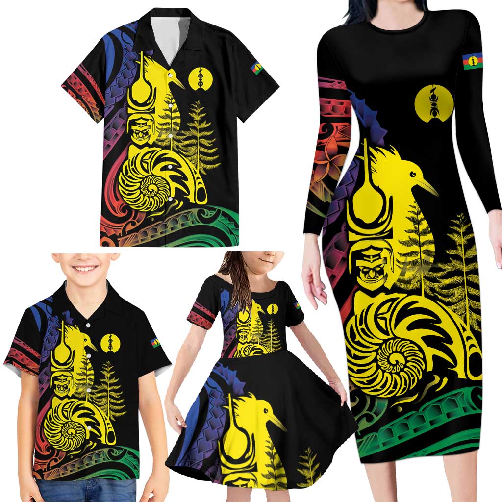 New Caledonia Kanaky Family Matching Long Sleeve Bodycon Dress and Hawaiian Shirt Stylized Fleche Faitiere With Kagu Bird LT7 - Polynesian Pride