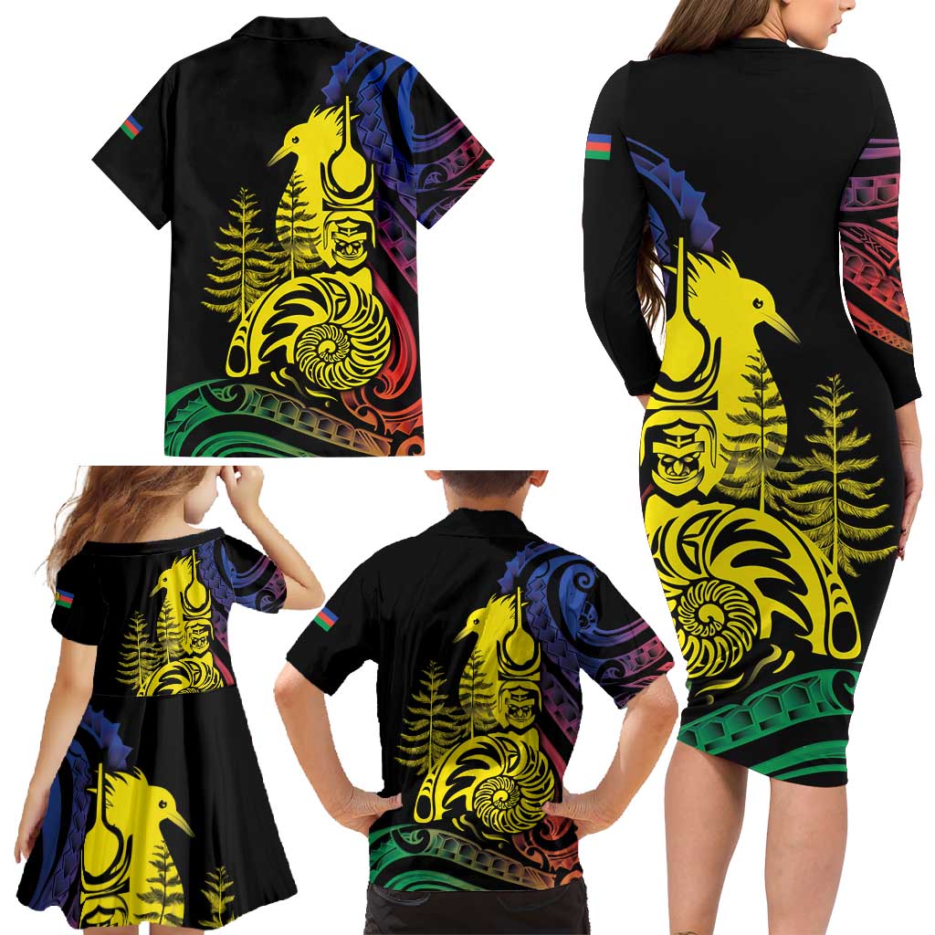 New Caledonia Kanaky Family Matching Long Sleeve Bodycon Dress and Hawaiian Shirt Stylized Fleche Faitiere With Kagu Bird LT7 - Polynesian Pride